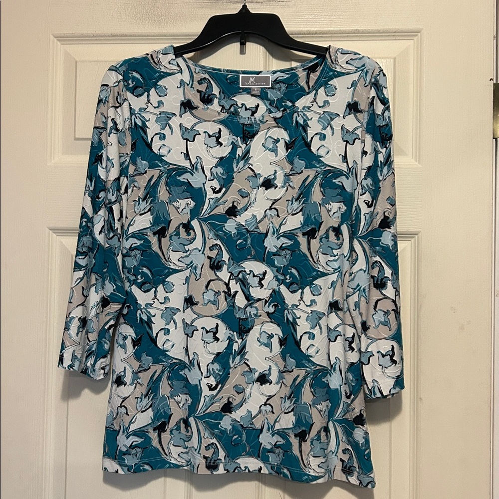 JM Collection Blue and Gray Abstract Floral Print Top Size Small